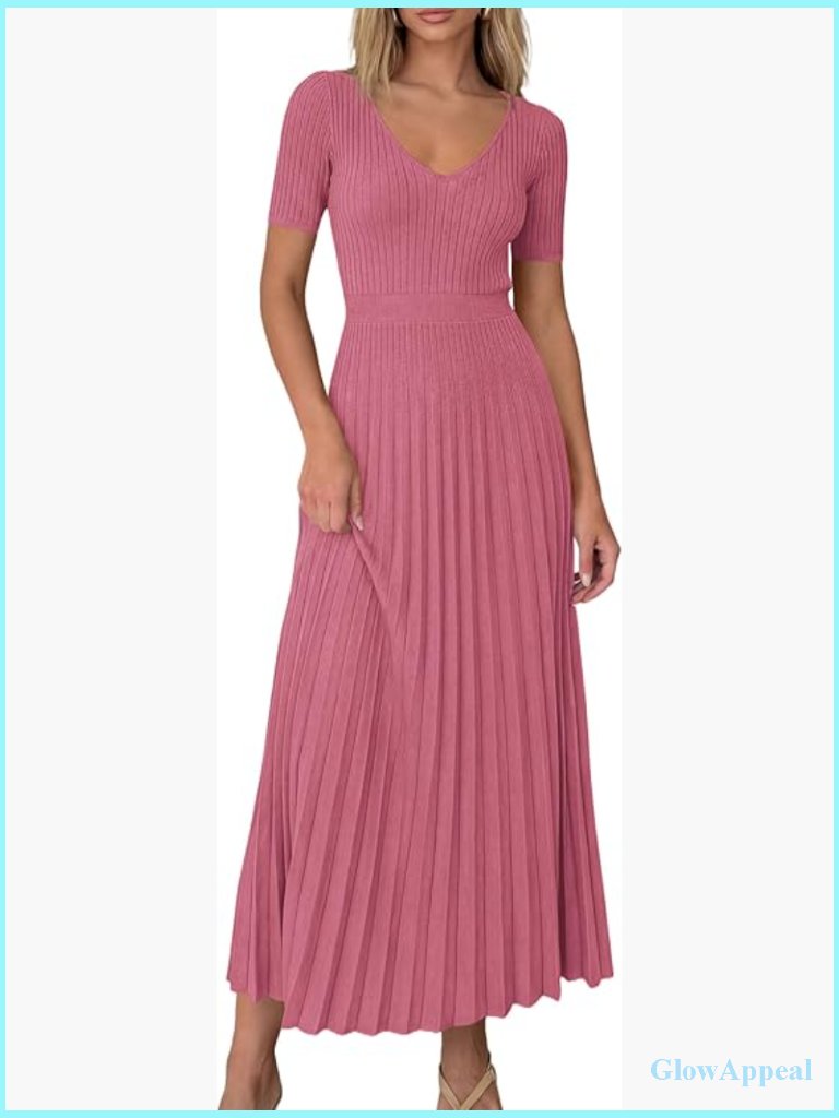 Elegant Pleated Ribbed Knit Midi Sweater Dress V-Neck A-Line
